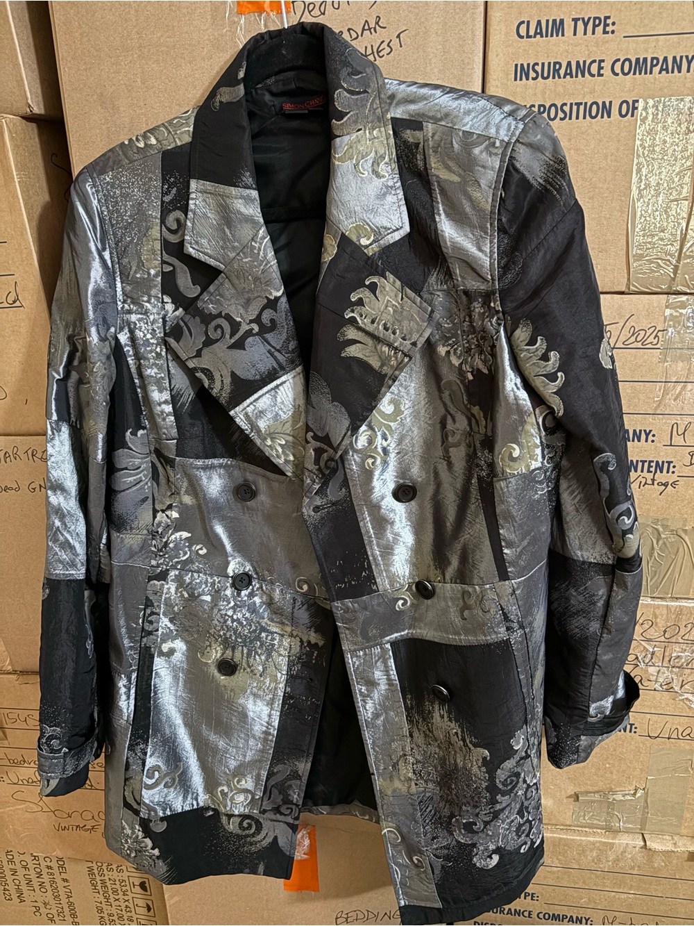 Simon Chang Metallic Black and Silver Double-Breasted Blazer